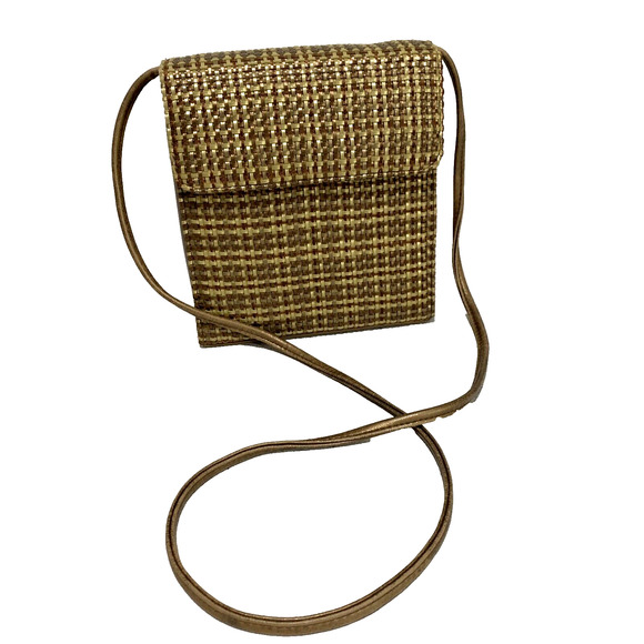Vintage Mid Century Box Style Purse Shoulder Bag Brown Gold Woven Elegant Chic - Picture 1 of 14